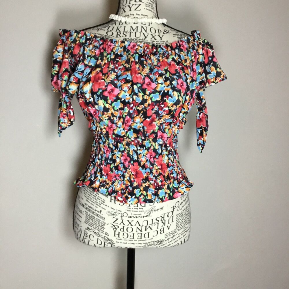 Zara basic multicolor floral top smocked body tie on off shoulder beachy vaca S